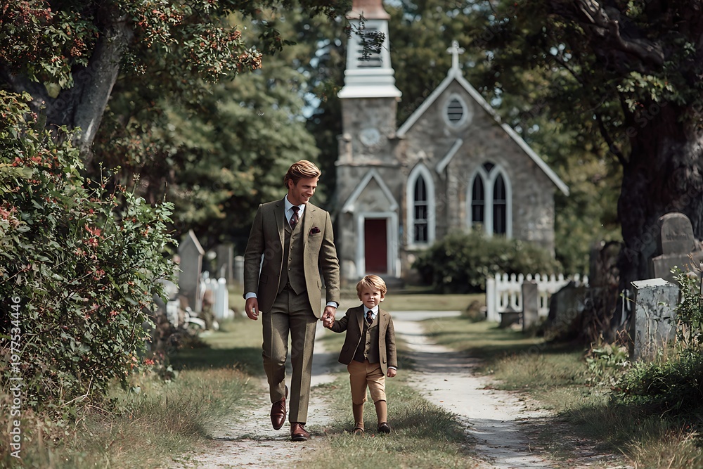 Obraz premium Father and Son Walking to Church on Sunday