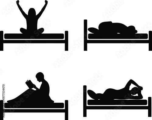 sleep, silhouette, bed, waking, resting, insomnia, relaxation, reading, night, bedroom, lifestyle, health, routine, dreaming, comfort, isolated, black, people, rest, concept