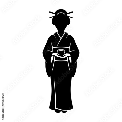 Japanese geisha silhouette vector art illustration in kimono holding tea cup design element graphic