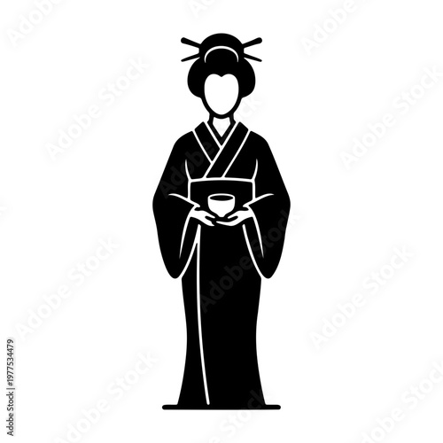 Japanese geisha holding tea cup in kimono vector illustration oriental culture silhouette design