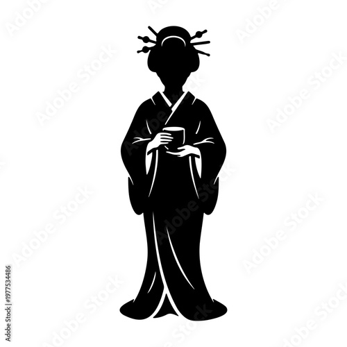 Japanese geisha silhouette vector art illustration of woman in kimono holding tea cup design art