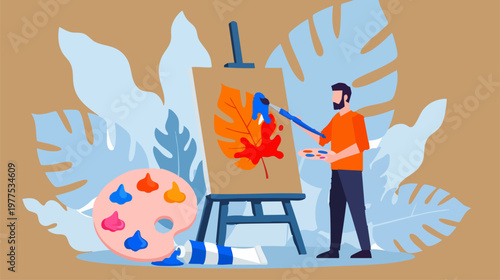 Creative artist painting autumn leaf on canvas, male painter with easel and palette vector illustration, artistic hobby and workshop concept