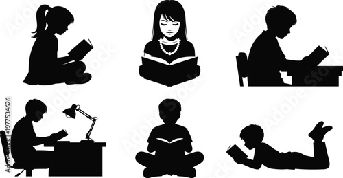 reading, children, silhouette, education, students, book, study, learning, school, knowledge, literacy, kids, classroom, homework, studytime, isolated, black, illustration, concept, childhood