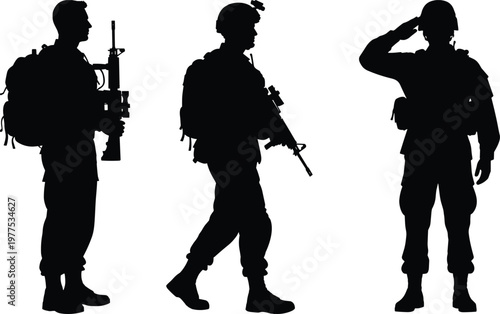 silhouette, soldiers, military, army, armed, rifle, salute, standing, walking, defense, security, combat, uniform, tactical, patriotism, service, war, protection, black, isolated