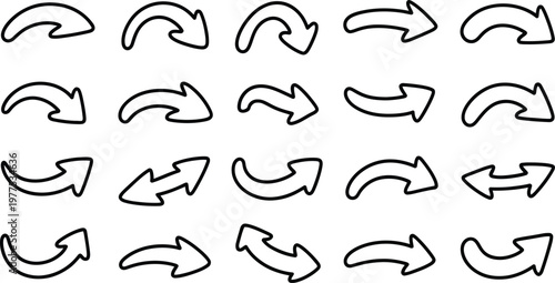 Collection of various hand drawn curved arrows on white background