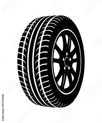 Car tire with alloy rim black silhouette illustration.