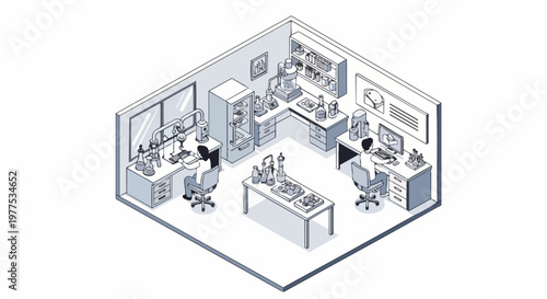 Isometric Illustration of a Modern Food Science Laboratory with Scientists Researching Culinary Technology and Innovative Food Production
