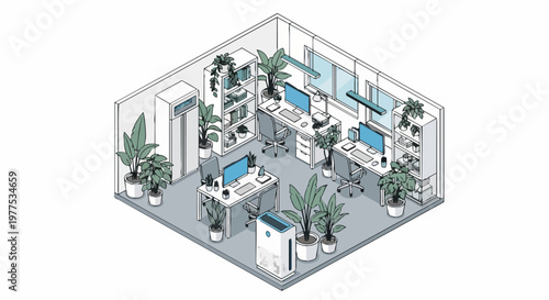 Isometric Modern Biophilic Office Design with Indoor Plants and Air Purifier for Healthy Workspace