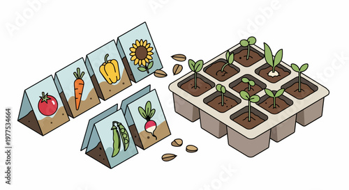 Isometric Vector Illustration of Garden Seed Packets and Seedling Tray with Sprouting Plants