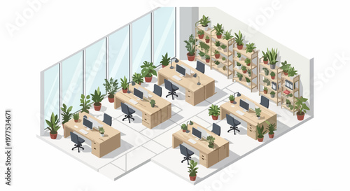 Modern Isometric Office Workspace with Biophilic Design, Green Indoor Plants, Wooden Desks, and Computers