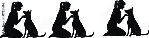 Woman and dog bonding silhouettes, pet love interaction poses, training and affection moments, human animal connection, companionship concept, minimal vector illustration