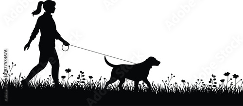 Woman walking dog silhouette in meadow, outdoor lifestyle, pet companionship, nature прогулка concept, peaceful scene, animal care, minimal vector illustration