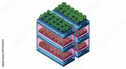 Isometric Vertical Farming System Illustration with Hydroponic Racks and LED Grow Lights