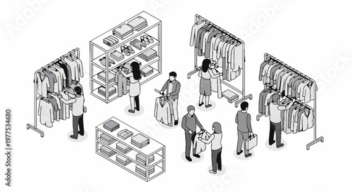 Isometric Clothing Store Illustration, People Shopping in Fashion Retail Boutique, Black and White Line Art