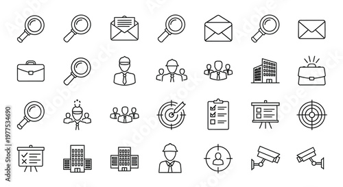 A collection of minimalist line icons depicting business investigation and management themes