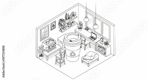Isometric Coffee Shop Illustration with Giant Recycling Cup, Modern Line Art for Coloring and Sustainability Concepts