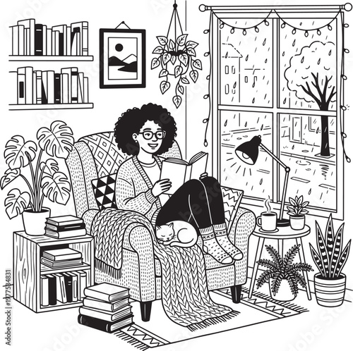 relaxed woman reading book in cozy living room with plants