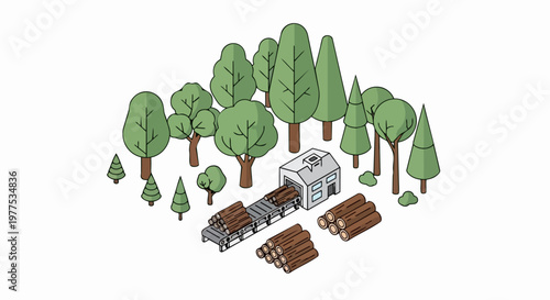 Isometric Wood Sawmill Factory in Green Forest with Lumber Logs on Conveyor Belt