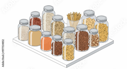 Isometric Illustration of Organized Kitchen Pantry with Glass Jars for Dry Food Storage and Zero Waste Lifestyle
