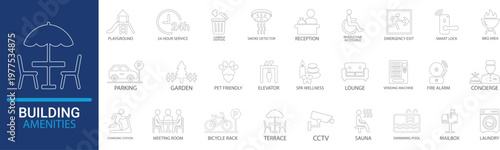 Building amenities line art icon set. 