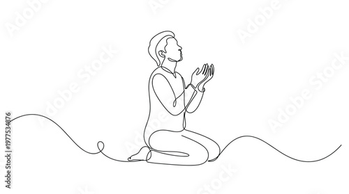 Man praying on knees in continuous line art style, symbolizing faith and devotion
