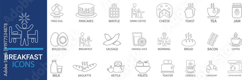 breakfast line art icons set. Hand drawn breakfast doodles set. Vector illustration of food and coffee icons in chalk, crayon drawing style for invitations, menus, parties. Minimalist line art.