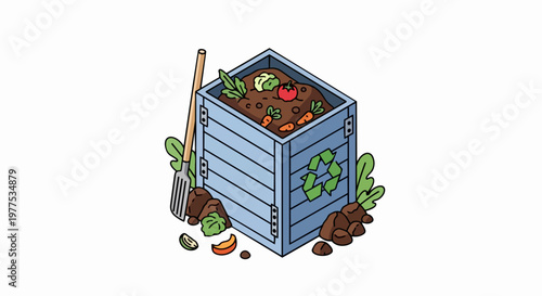 Isometric vector illustration of a wooden compost bin with organic food waste, garden fork, and recycling symbol isolated on white