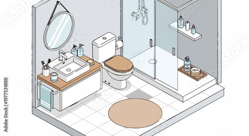Isometric Modern Bathroom Interior Illustration with Shower, Toilet, and Sink; Minimalist Clean Design for Home Decor and Real Estate Concept