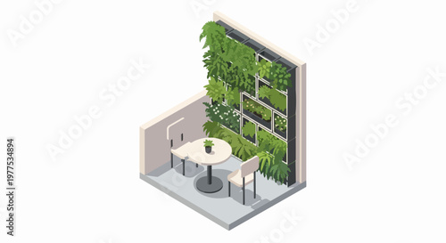 Isometric Vertical Garden and Living Wall with Outdoor Bistro Table and Chairs