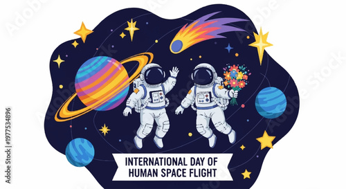 International day of human space flight celebration with astronauts holding flowers in space with planets and comet vector illustration art