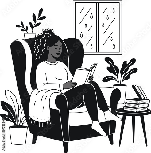 relaxed woman reading book in cozy living room with plants