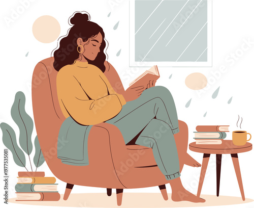 relaxed woman reading book in cozy living room on rainy day