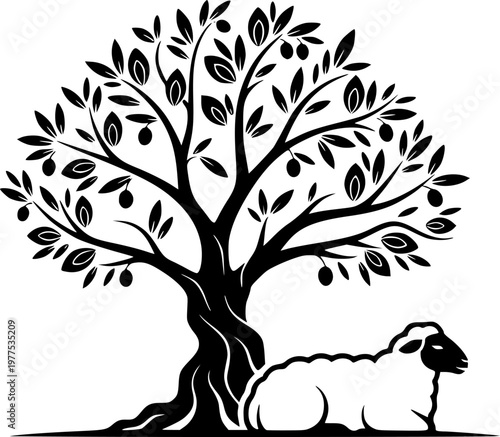 Olive Tree Qurban Sheep Silhouette Nature Peace Eid Al-Adha Symbol Vector