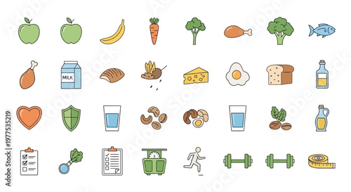 Healthy food and fitness icons set.