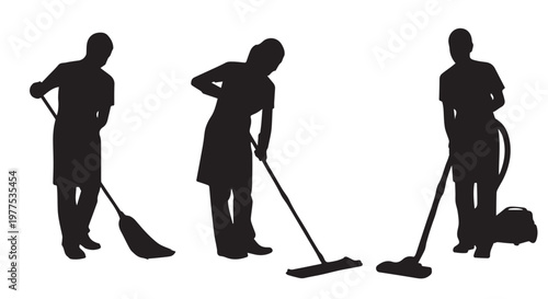 vector collection shows cleaning workers sweeping and mopping floors, suitable for cleaning services, maintenance branding, facility management, and hygiene campaigns
