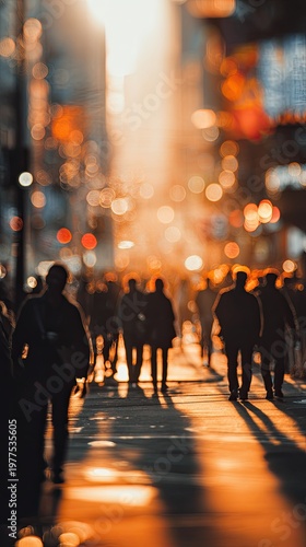 Busy city street at sunset, people silhouettes, bokeh