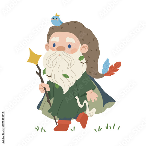 Magical cartoon gnome with  bird on his head. Dwarf character with magic wand