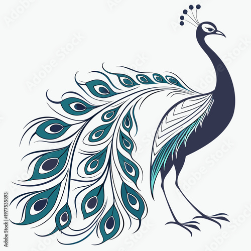 A stylized illustration depicts a majestic peacock with its elaborate tail feathers gracefully displayed showcasing intricate patterns and vibrant colors high quality