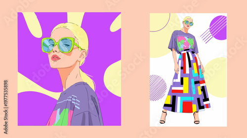 Retro pop art fashion illustration, stylish woman in oversized sunglasses and colorful geometric maxi skirt, vibrant 90s aesthetic vector set