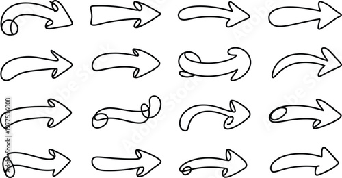 Hand drawn arrows pointing to right in various styles and designs on white background
