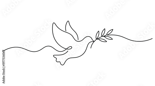 Elegant single line drawing of a dove carrying an olive branch symbolizing peace and hope in a minimalist style