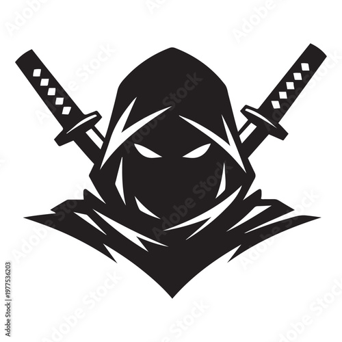 Mysterious Hooded Figure with white Eyes Minimalist Assassin Logo and Anime Style Vector Icon Emblem with Crossed Swords Silhouette