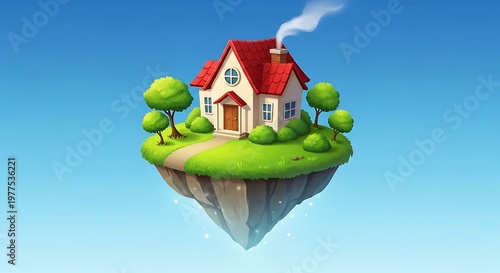Cartoon floating house island sky real estate home ownership concept