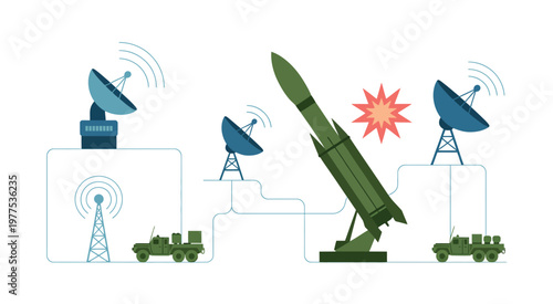 Advanced anti-ballistic missile defense system, detailed illustration featuring ground units and satellite surveillance, radar tracking installations, interceptor launch platforms