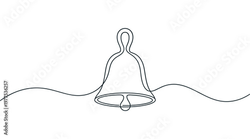 Minimalist continuous line drawing of a bell with a clapper suspended on a wavy line background