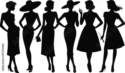Elegant women silhouettes fashion poses collection, stylish female figures in dresses and hats, glamour model illustration, vintage style, beauty and elegance