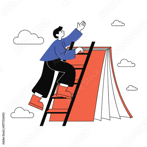 Conceptual illustration of an ambitious person ascending the ladder of knowledge on a giant book, symbolizing a journey of learning, personal growth, and intellectual achievement