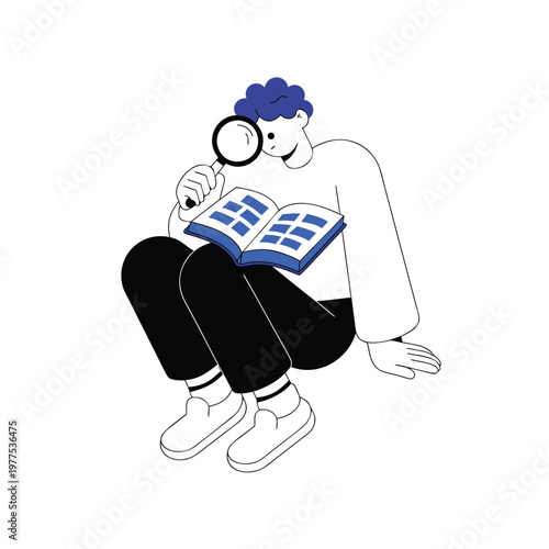 A dedicated individual engrossed in study, meticulously examining an open book with a magnifying glass to uncover valuable knowledge and insights