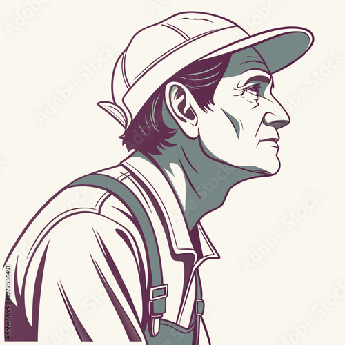 A stylized portrait depicts an older man in profile wearing a traditional cap and overalls showcasing a vintage aesthetic high quality professional