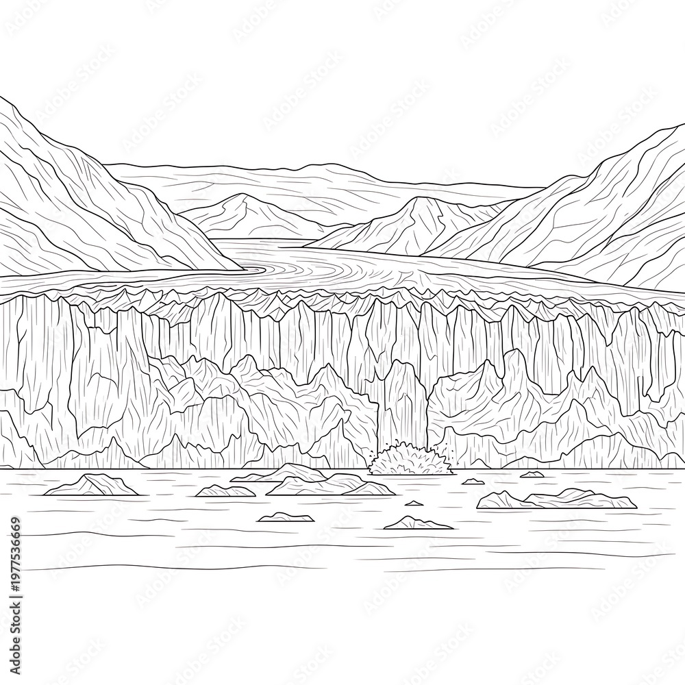 Fototapeta premium Majestic Glacier & Mountains Landscape Outline - Arctic Nature & Climate Change Vector
